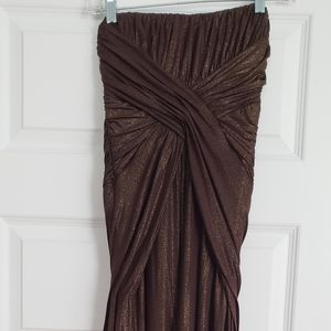 BCBGMaxAzria strapless ruched gold flake dress